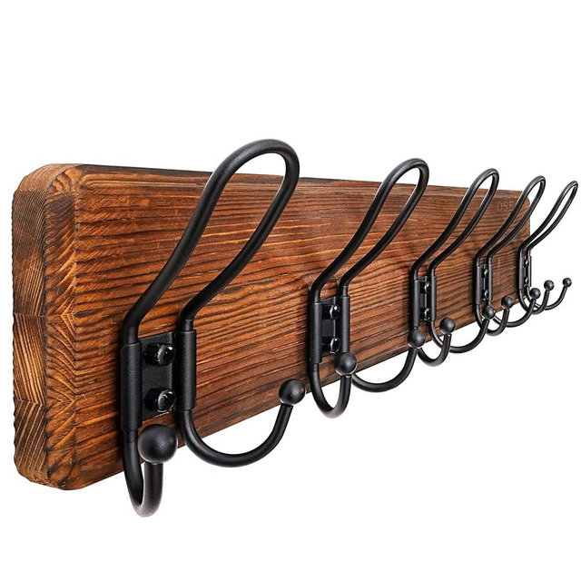 Dseap Coat Rack Wall Mounted - Heavy Duty Farmhouse Rustic Wall Coat Hanger with 5 Wire Hooks for Clothes Hat Jacket Towel, RusticWire, J1-5A, Rustic Brown & Black