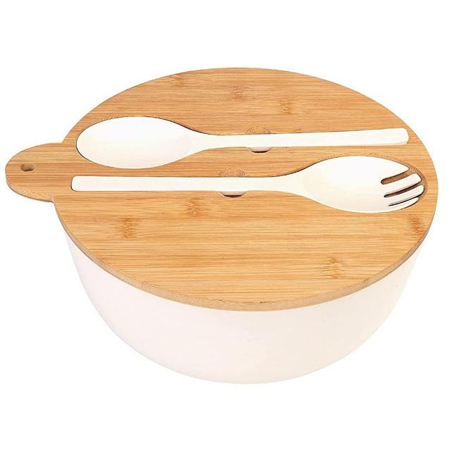 ShineMe Salad Bowl, Large Salad Bowl with Lid and Servers (Fork & Spoon), Bamboo Fiber Salad Serving Bowl Set with Multifunctional Lid for Prep Mix Serve & Store 9.8inches