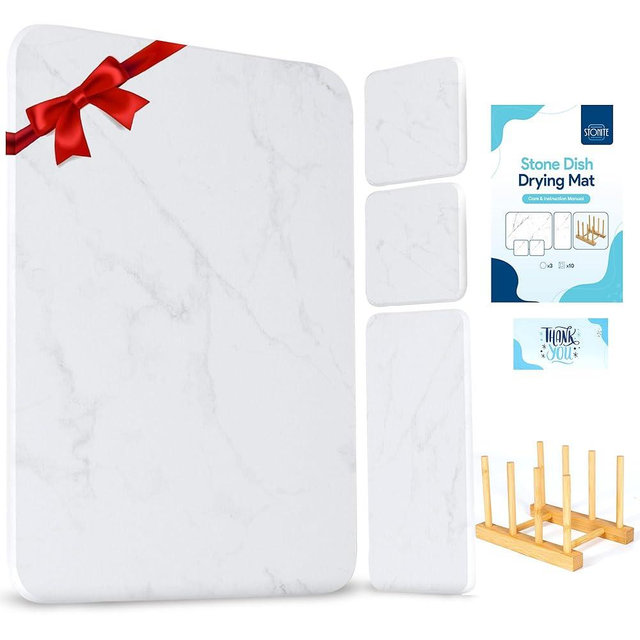 Stonite Stone Drying Mat For Kitchen Counter BUNDLE - Oversink Dish Drying Rack Dish Drying Rack Made with Absorbent Materials, Diatomaceous Dish Drying Mats, White, Marble, 15.7"(L)×11.8"(W)