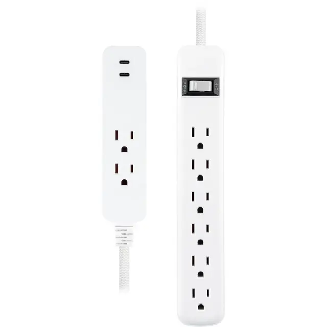 General Electric 2 Outlet 2 USB-C 12W and 6 Outlet 245J 2' Braided Cord White Combo Pack