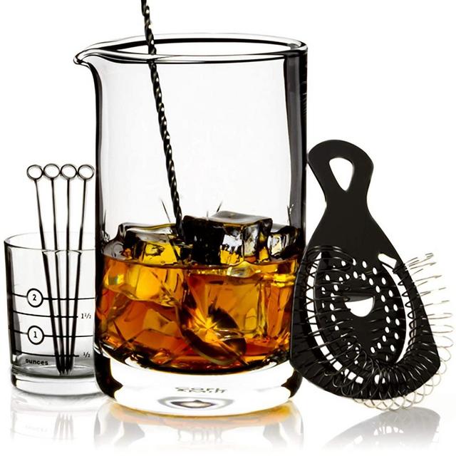 Cork & Mill Cocktail Mixing Glass Set - Old Fashioned Kit - 24 oz (700 ml) Crystal Stirring Glass for Bartending - 9-Piece Bar Accessories and Tools Set with Strainer, Spoon, Jigger, Picks (Black)