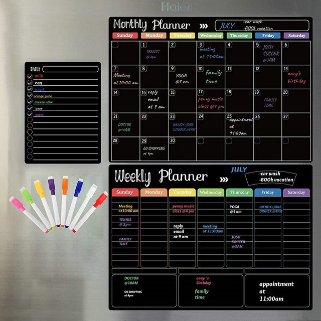 Dry Erase Calendar Blackboard. Set of 3 Magnetic Calendars for Refrigerator, Monthly, Weekly Organizer & Daily Notepad. Wall & Fridge Family Calendar. 8Markers