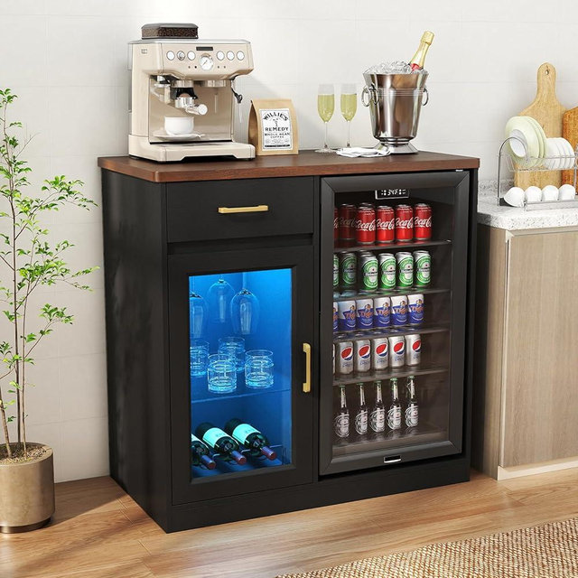 Verano Garden Coffee Bar with Mini Fridge Space, Liquor Cabinet with LED Light & Power Outlet, Coffee Bar Cabinet with Glass Holder, Wine Rack & Drawer, Storage Wine Cabinet for Home, Pub (Black)