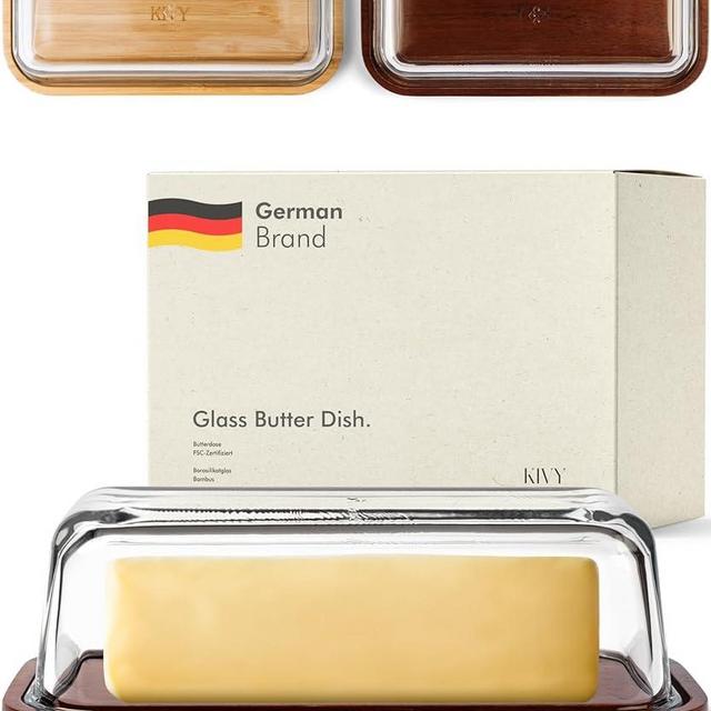 KIVY Glass butter dish with airtight lid that keeps butter soft - For countertop and refrigerator door shelf - Butter tray with lid fridge - Butter holder for counter - Covered butter dishes with lid