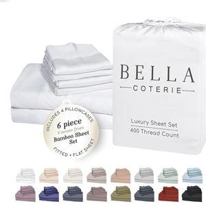 Bella Coterie 6 Piece Luxury Bamboo Viscose King Size Sheet Set | 100% Organically Grown | Cooling for Hot Sleepers | 18" Deep Pocket | Soft & Hypoallergenic | 4 Pillowcases [White]