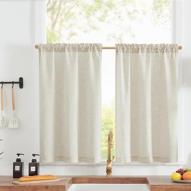 JINCHAN Linen Textured Curtains 24 Inch Length for Kitchen Windows Country Farmhouse Cafe Small Curtains Rustic Light Filtering Half Curtains for Living Room Laundry Bathroom Rod Pocket 2 Panels Crude