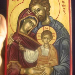 Handpainted Icon of the Holy Family, with tempura and gold leaf, 8"x10"