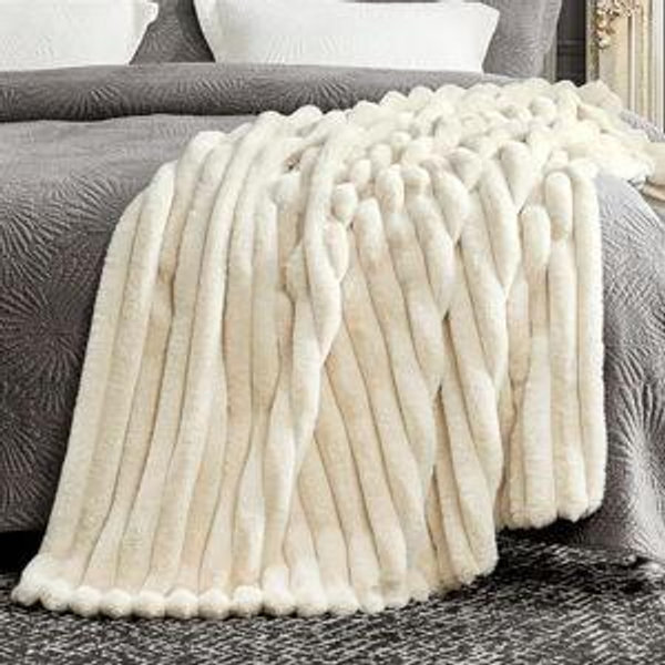Cozy Bliss Faux Fur Throw Blanket for Couch, Cozy Warm Plush Striped Blanket for Sofa Bedroom Living Room, 50 * 60 Inches Light Blue