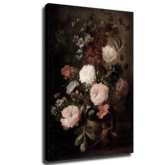Moody Flower Wall Art Vintage Dark Floral Painting Wall Art Victorian Farmhouse Wall Decor Antique Oil Painting Dark Academia Wall Art (Framed,12×18 inch)