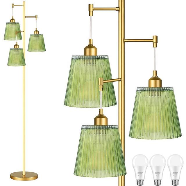 QIYIZM Gold Floor Lamp for Living Room,Bedroom,Mid Century Modern Standing Lamp Brass Tree 3 Light Tall Floor Lamps Vintage Retro Floor Lights Glass Green Flower Lamp Shade Farmhouse Boho Bohemian