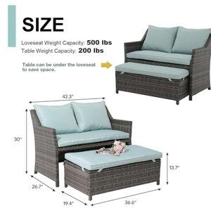 OC Orange-Casual 2-Piece Outdoor Patio Furniture Wicker Love-seat and Coffee Table Set, with Built-in Storage Bin, Grey Rattan, Green Cushions