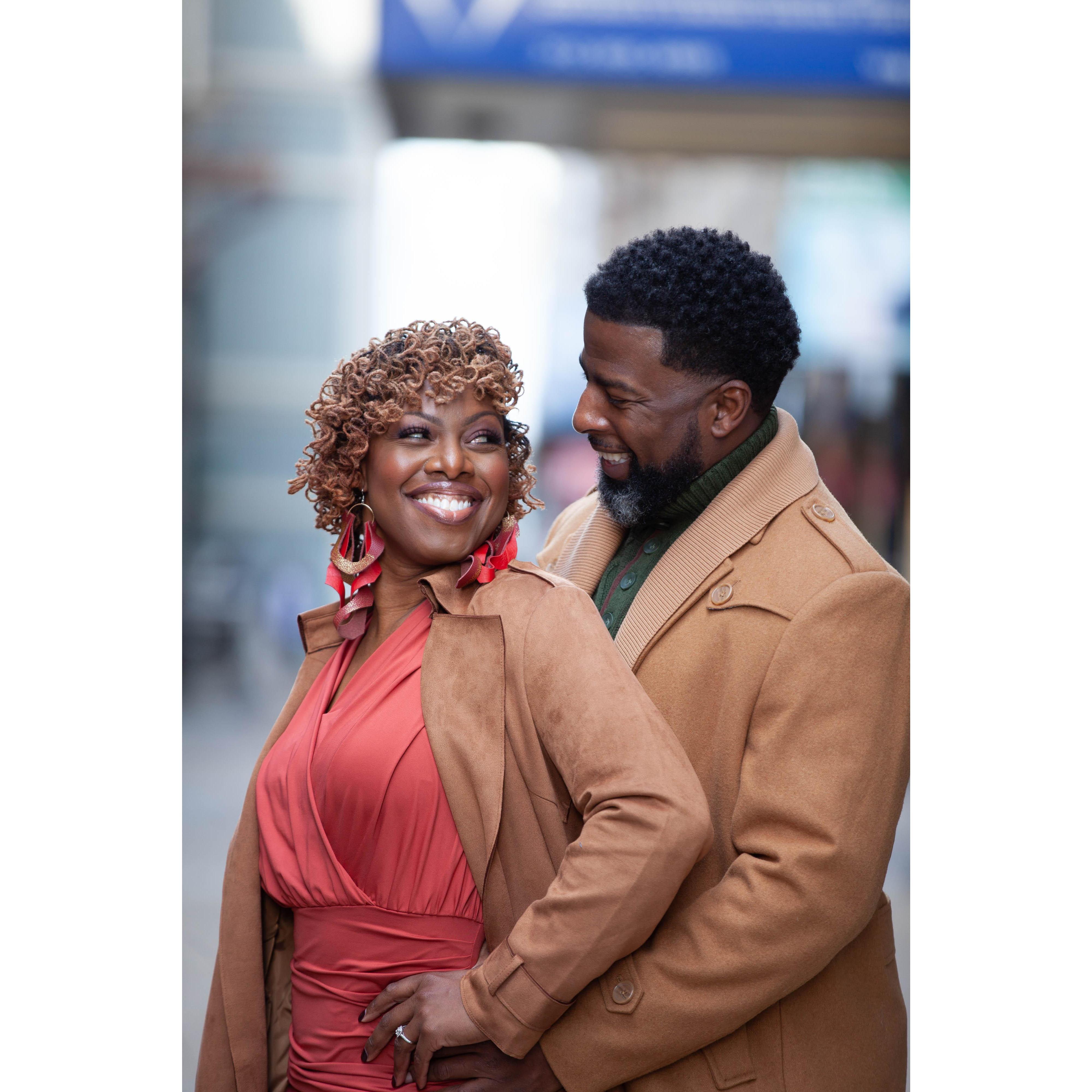 Engagement photo shoot on Wabash Avenue (Chicago, IL, Dec 2021). 
Photographer: 
Amber Marie Green Photography 
Makeup; Day of Stylist; & Assistant:  
Daijah Spiller of Beaute' by Dai
