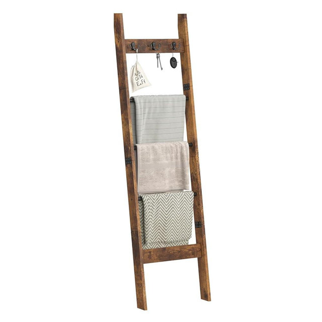 MOGELAFOO 5ft Blanket Ladder for Living Room, 5-Tier Decorative Quilt Rack with 3 Removable Hooks, Farmhouse Throw Blanket Holder Shelf for Bedroom, Rustic Brown and Black