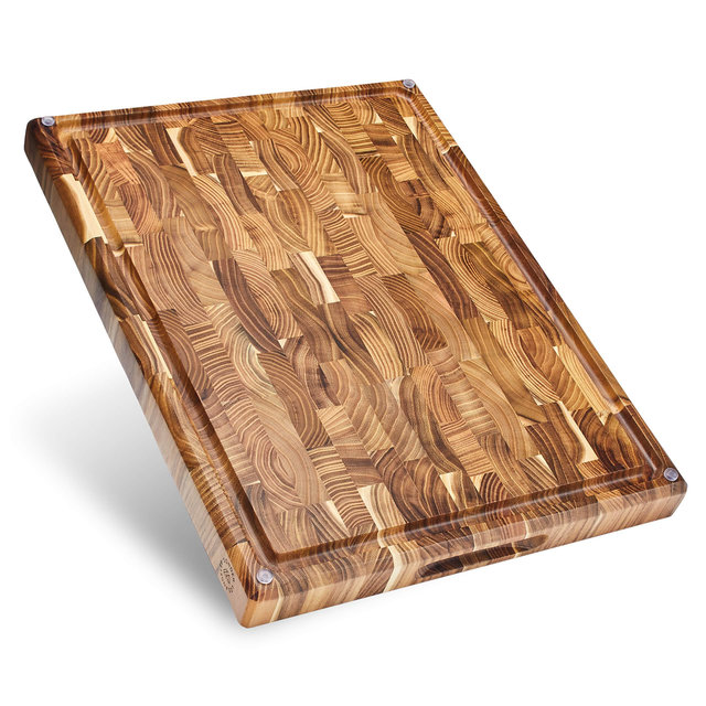 Sonder Los Angeles, Large Thick End Grain Teak Wood Cutting Board with Non-Slip Feet, Juice Groove, Sorting Compartments 17x13x1.5 in (Gift Box Included)