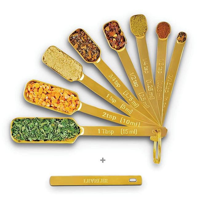 2lbDepot Gold Measuring Spoons Set of 9 Includes Bonus Leveler, Premium, Rust Proof, Heavy Duty, Gold Plated, Stainless Steel Metal, Narrow, Long Handle Design fits into Spice Jars