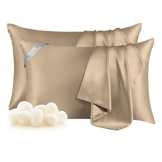 THXSILK Set of 2 100% Mulberry Silk Pillowcase for Hair and Skin Health, Soft Breathable and Smooth Pillowcases with Hidden Zipper, Both Sides Premium Grade 6A+ Silk, Standard 20"x26", Taupe