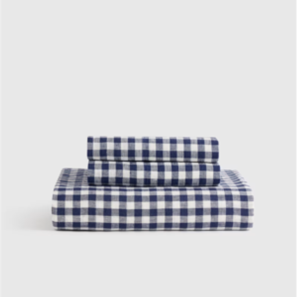 European Linen Gingham Fitted Sheet Set - Navy, Queen With Flat Sheet