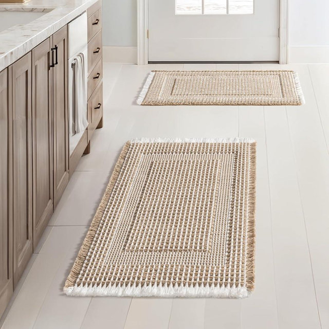 MIULEE Set of 2 Waffle Bathroom Rugs, Boho Bath Rug Super Absorbent, Non Slip Washable Ultra Soft Rubber Backed Shower Bath Mats for Floor, Tub, Shower, Looped Design, Brown & Cream, 17x24 Inch
