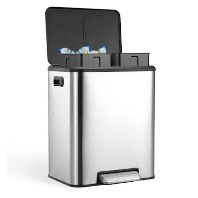 Acekool - Stainless Steel Waste Bin 8 Gallon Kitchen Trash Can Hands-Free Recycle Trash Can for Bathroom Bedroom Kitchen