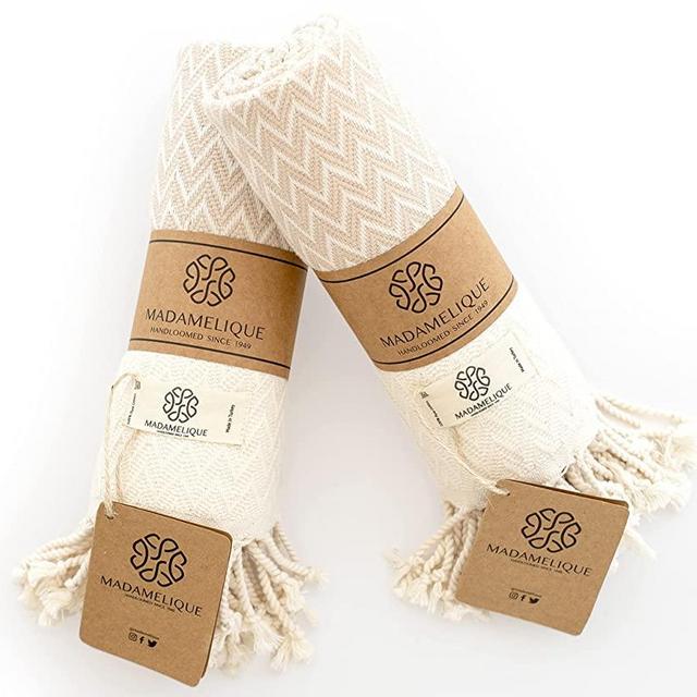 Madamelique Exclusive Hand Towels Set of 2 - 18 x 40 Inches - Decorative Bathroom Peshtemal Towel for Hand, Face, Hair, Yoga, Tea, Dishcloth, Kitchen and Bath - 100% Pure Cotton (Beige)