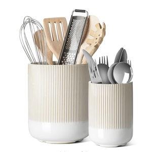 LE TAUCI Utensil Holder for Kitchen Counter, 7.3"+5.4" Fluted Ceramic Utensil Crock Organizer for Countertop, Heavy Large Holder for Spatulas, Spoons, Set of 2, Warm White Glaze