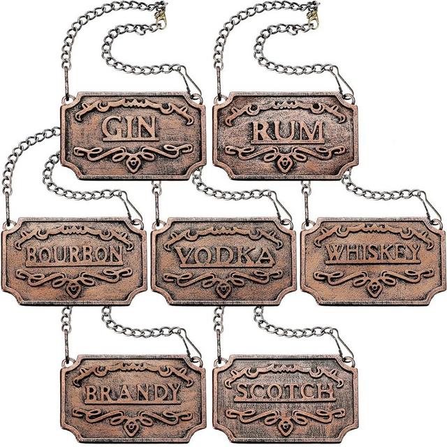 Beeveer 7 Pcs Liquor Decanter Tags Alcohol Labels with Adjustable Chain Set for All Liquor Bottle Home Bar Dad Gifts, Whiskey Scotch Bourbon Gin Rum Vodka Brandy (Coppery)