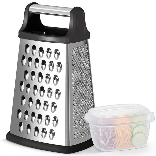 Ourokhome Cheese Grater, Handheld Box Grater with Container & Lid, 4-Sided Stainless Steel for Kitchen, Wavy Julienne, Slicer, Coarse Shred & Fine Zester, Non-Slip Base, Dishwasher Safe, 8 Inch