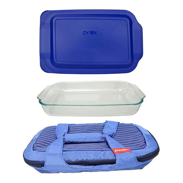 Pyrex Portables Royal Blue Carry Tote & (1) 233 Glass Baking Dish & (1) 233-PC Blue Lagoon Lid
