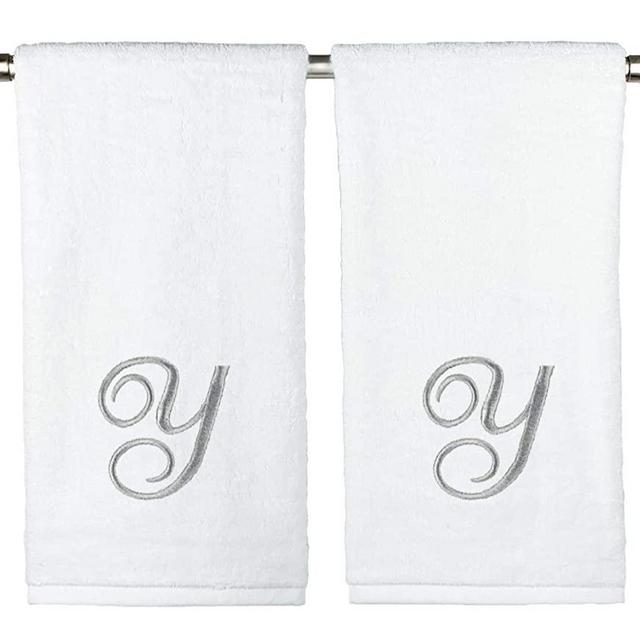 Monogrammed Hand Towels, Set of 2, 100% Cotton, Made in USA, Luxury Hotel Quality, Embroidered Silver Thread Script Monogram