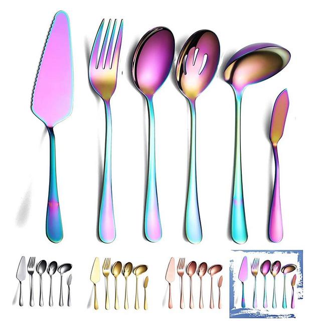 Rainbow Serving Spoons Set 6 Pieces, Serving Utensils Set Include Cake Server Slotted Spoon Serving Spoon Serving Fork Ladle Butter Knife Spreader Serving Set Dishwasher Safe