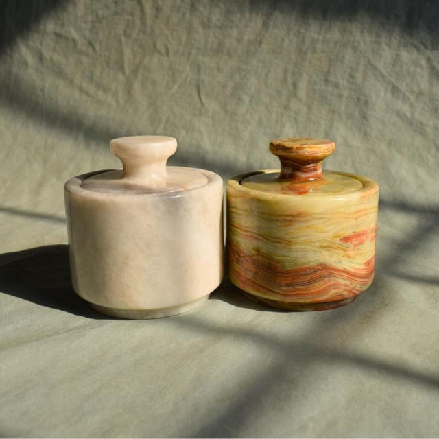 Marble Salt Cellar with Lid - Set of Two 3" Salt and Pepper Cellar, Salt Jar, Sugar Pot, salt box, sugar bowl | Kitchen Gifts for Her