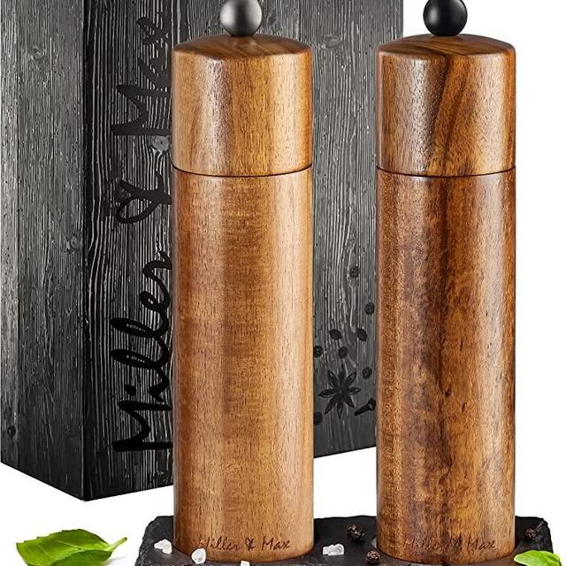 Miller & Max Wooden Salt and Pepper Grinder Set Acacia Mills, 8 inches Adjustable