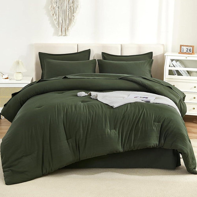 Litanika Dark Olive Green Queen Size Comforter Set - 7 Pieces Bed in a Bag Queen Beddding Comforter Sets, Plain Lightweight Bed Set with Comforter, Sheets, Pillowcases & Shams
