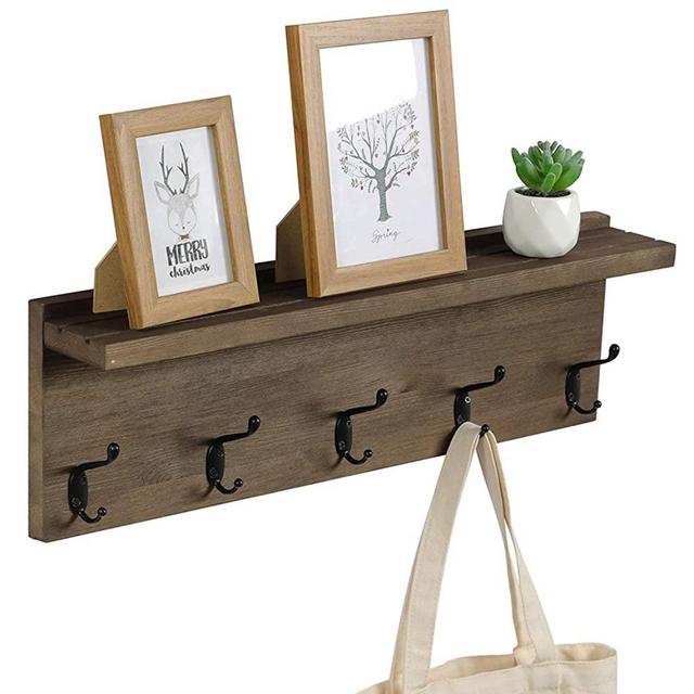 OROPY Rustic Entryway Coat Hooks with Storage Shelf 23.6" Length, Solid Wood Wall Mounted Clothes Rack with 5 Hooks and Display Shelf for Hallway, Bathroom, Living Room, Bedroom, Kitchen, Walnut Color