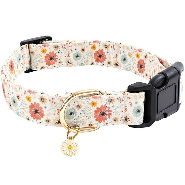 Faygarsle Cotton Designer Dogs Collar Cute Flower Dog Collars for Girl Female Small Medium Large Dogs with Flower Charms L