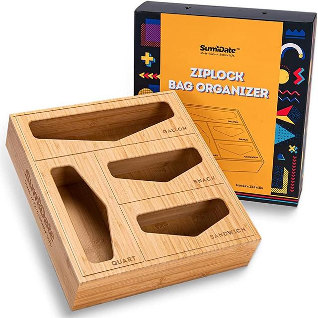 Bamboo Ziplock Bag Organizer for Drawer, 4 in1 Food Baggie Dispenser Box,Bamboo Kitchen Drawer Organizer, Compatible with Ziploc,Hefty,Glad,GreatValue-All Size