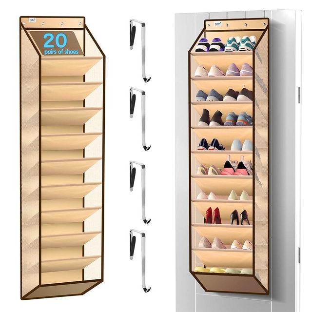 Kotkn 10 Tier Hanging Shoe Rack - Heavy Duty Behind the Door Hanging Shoe Rack, Sturdy Oxford Cloth, 20+ Pairs Over the Door Shoe Cabinet for Boots and Sneakers - Save 50% Closet Space! (Beige)