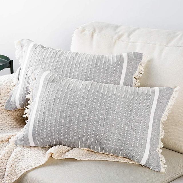 blue page Pack of 2 Comfy Lumbar Decorative Pillow Covers for Couch Sofa Bed - Home Decoration Solid Woven Striped Soft Pillow Cases with Fringes, Cute Modern Accent Pillowcase, 12x20 Inch, Grey
