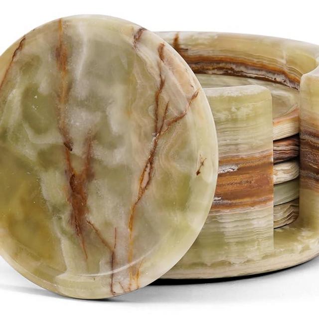 SPESHSTONES Marble Coasters Set of 6 Green 3.5 Inch Round Stone Coaster for Drinks with Holder - Ideal Drink Coasters for Coffee Bar Accessories, Gifts, Dining Table & Home Décor