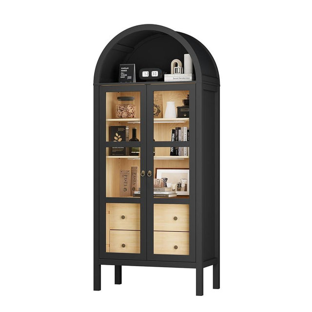 ROOMTEC 72" Tall Arched Glass Display Cabinet with Auto Sensor LED Lights, Modern Storage Cabinet with Adjustable Shelves and 2 Drawers, Wooden Curio Cabinet for Living Room, Kitchen, Dining Room