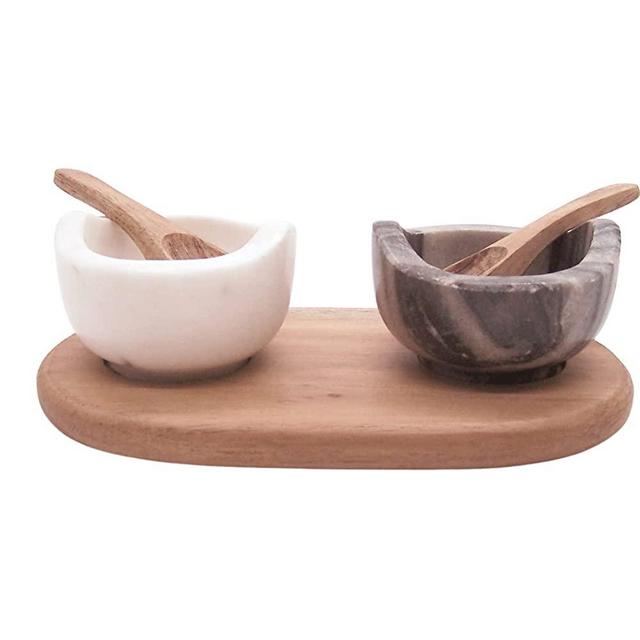 Two Small Marble Serving Bowls with Wooden Tray and Spoons, Condiment and Dip Serving Bowls, Modern Serveware, 7.75 Inches