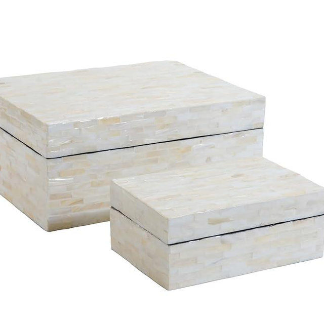 PEMAR Set of 2 Mother of Pearl Decorative Boxes w Lids, Handmade Mosaic Keepsake Jewelry Box Rectangular Treasure Chest, Shelf Decorative Wooden Box for Memory Tea Bags Coffee Accessories (White)