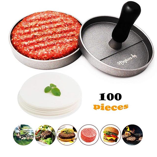 Meykers Burger Press 100 Patty Papers Set - Non-Stick Hamburger Press Patty Maker Mold with Wax Patty Paper Sheets Meat Beef Pork Lamb Cheese Halal Nut Veg Veggie Burger Maker for BBQ Barbecue Grill