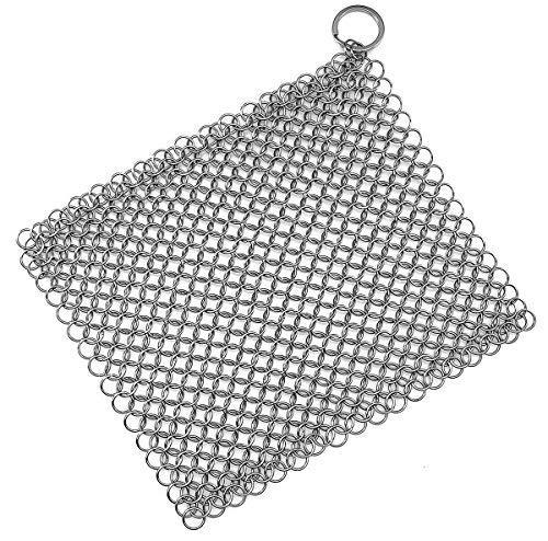 TOPULORS Stainless Steel Cast Iron Skillet Cleaner Chainmail Cleaning Scrubber with Hanging Ring for Cast Iron Pan, Pre-Seasoned Pan, Griddle Pans, BBQ Grills and More Pot Cookware-Square 7x7 Inch