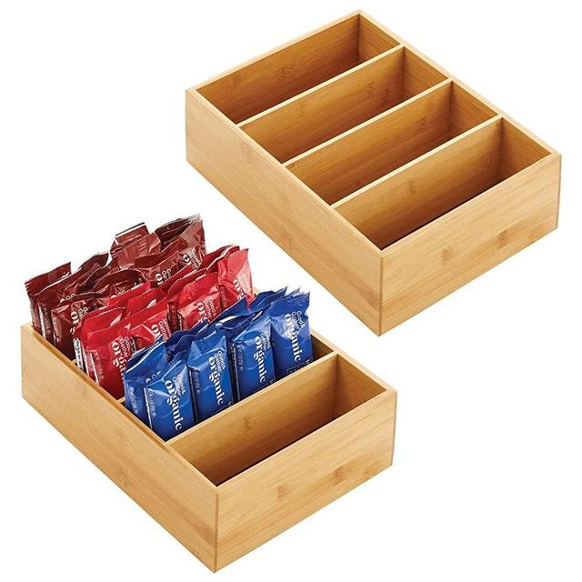 mDesign Bamboo Wood Food Storage Organizer Box, 4 Section, Divided Compartment Bin; Container for Kitchen, Pantry; Holder for Spices, Snacks, Tea, Coffee Cup - Echo Collection - 2 Pack - Natural