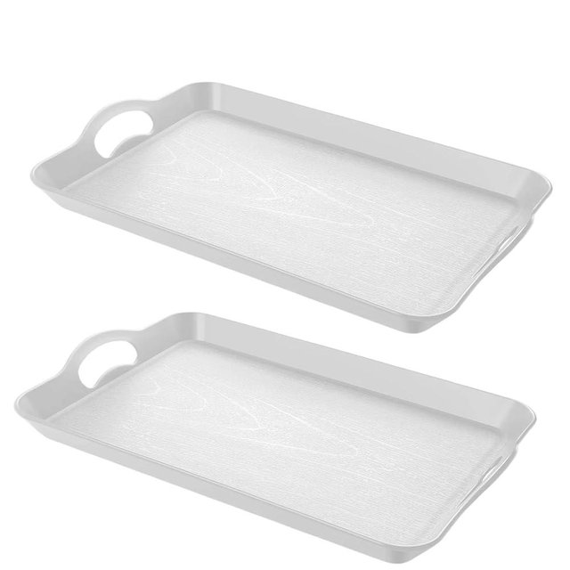 Armrouns 2PC White Serving Trays with Handles, 16 x 11.2 inch Rectangular Non Skid Multi-Purpose Plastic OttomanTray for Restaurant, Parties, Coffee Table, Kitchen