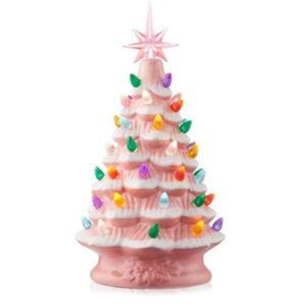 Casafield - 12-in Hand Painted Ceramic Christmas Tree - Pre-Lit Tree with Star - Pink Snow Flocked