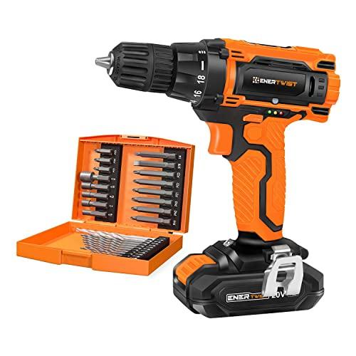 EnerTwist 20V Max Cordless Drill, 3/8 Inch Power Drill Set with Lithium Ion Battery and Charger, Variable Speed, 19 Positions and 28-Pieces Drill/Driver Accessories Kit, ET-CD-20