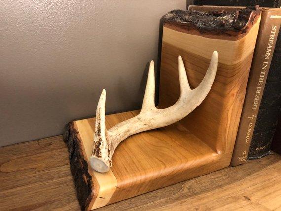 Cherry wood deer antler book ends live edge