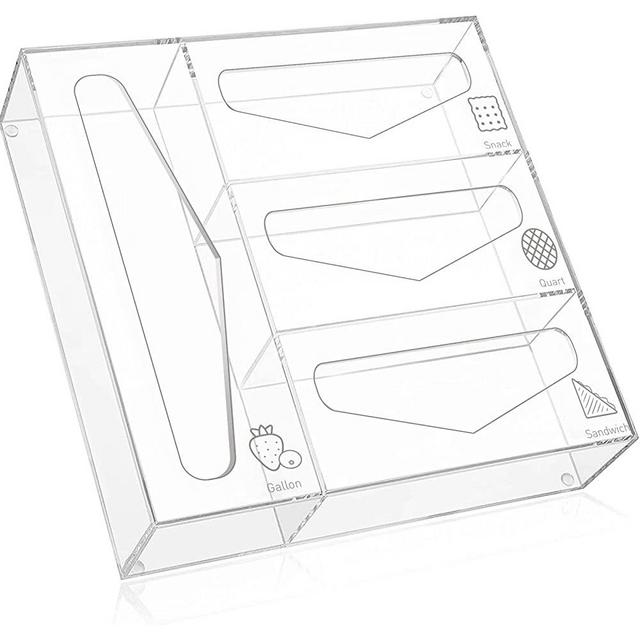 Acrylic Ziplock Bag Storage Organizer for Drawer, Food Storage Bag Holder and Dispenser for Kitchen Drawer, Compatible with Ziploc, Glad, Hefty for Gallon, Quart, Sandwich & Snack Variety Size Bag